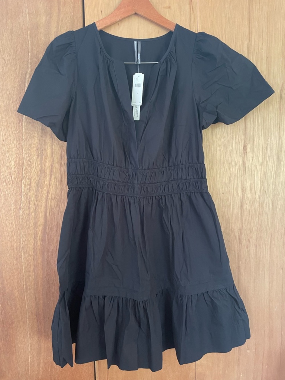 Anthropologie Black V-Neck Smocked Waist Tiered Mini Dress